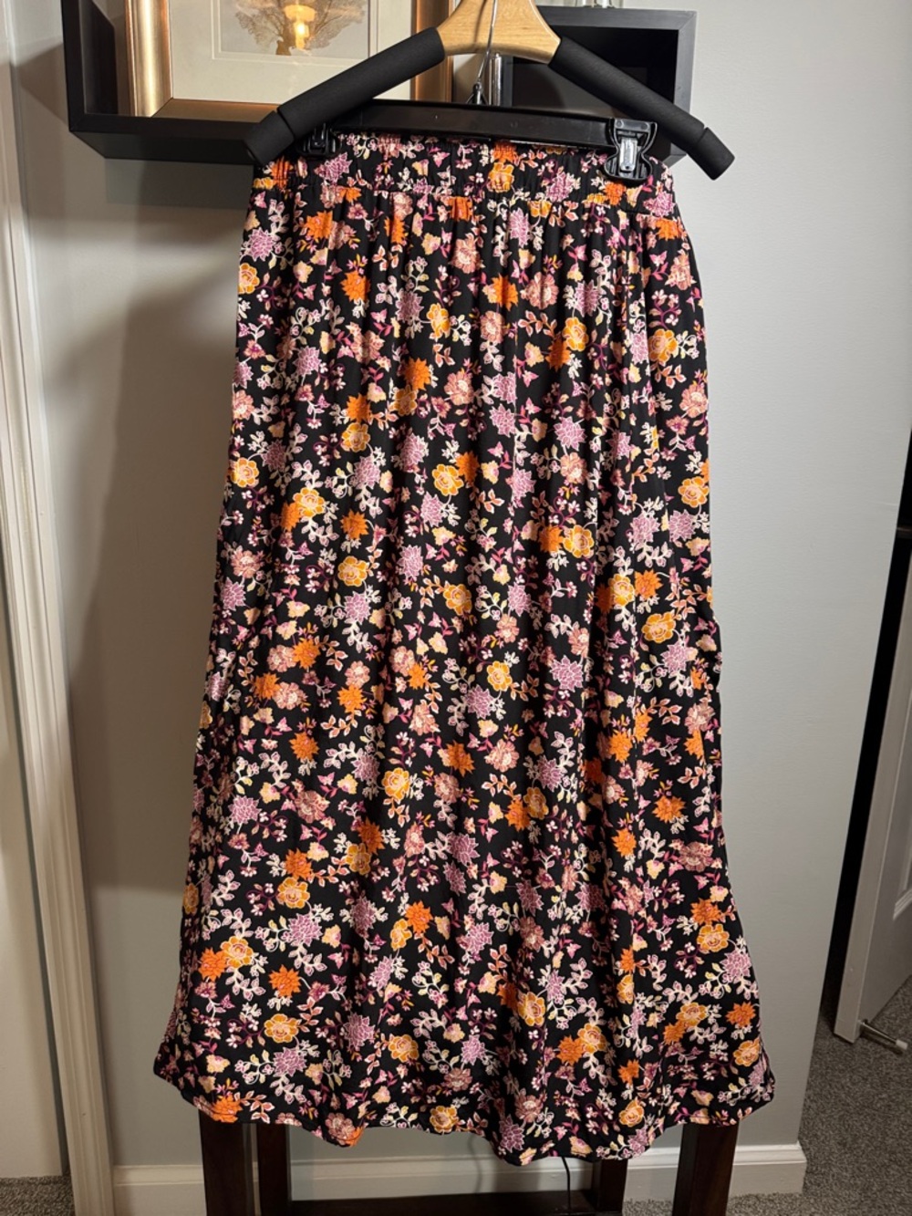 LOFT Black Midi Skirt with Pink and Orange Floral Print